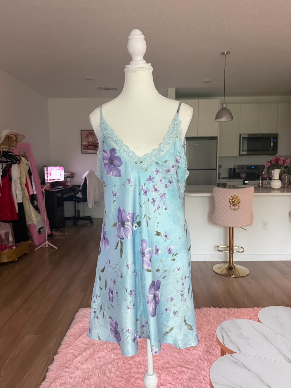 Expressions by California Dynasty Y2K Light Blue Floral Lace-Trim Slip Dress